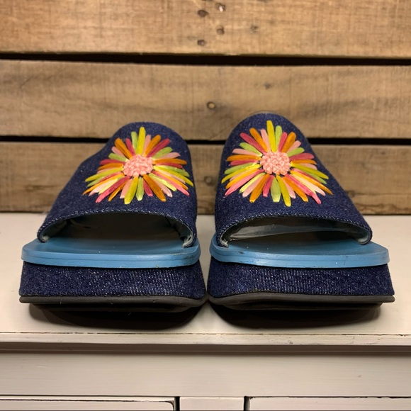 VINTAGE Nine West Y2K Denim Square Toe Embroidered Platform Slides Size 7.5 - Picture 4 of 12